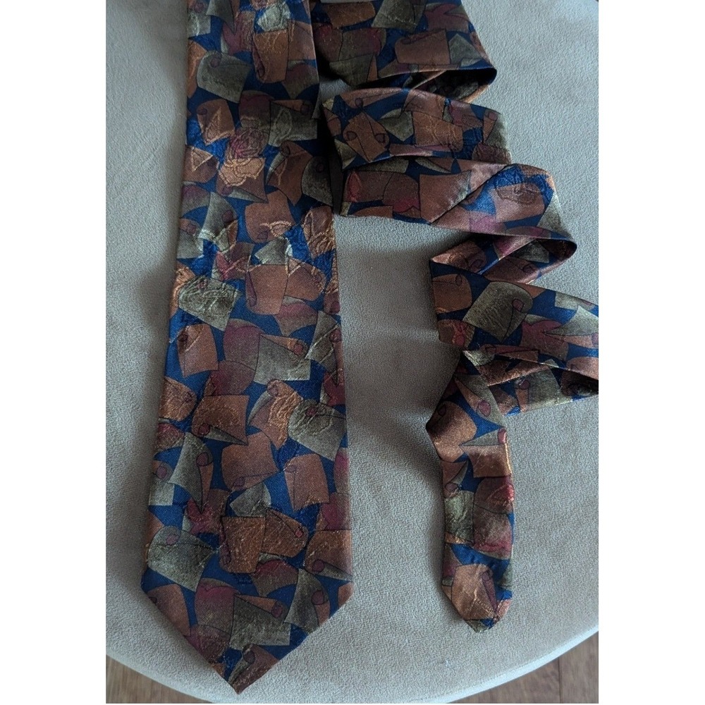 Ambassador Hand Made Silk Tie Mens Abstract Geometric Bronze Blue Peacock Silk - Picture 2 of 5